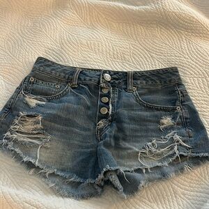 American Eagle High Rise Festival denim Shorts Size 0 Distressed button fly.